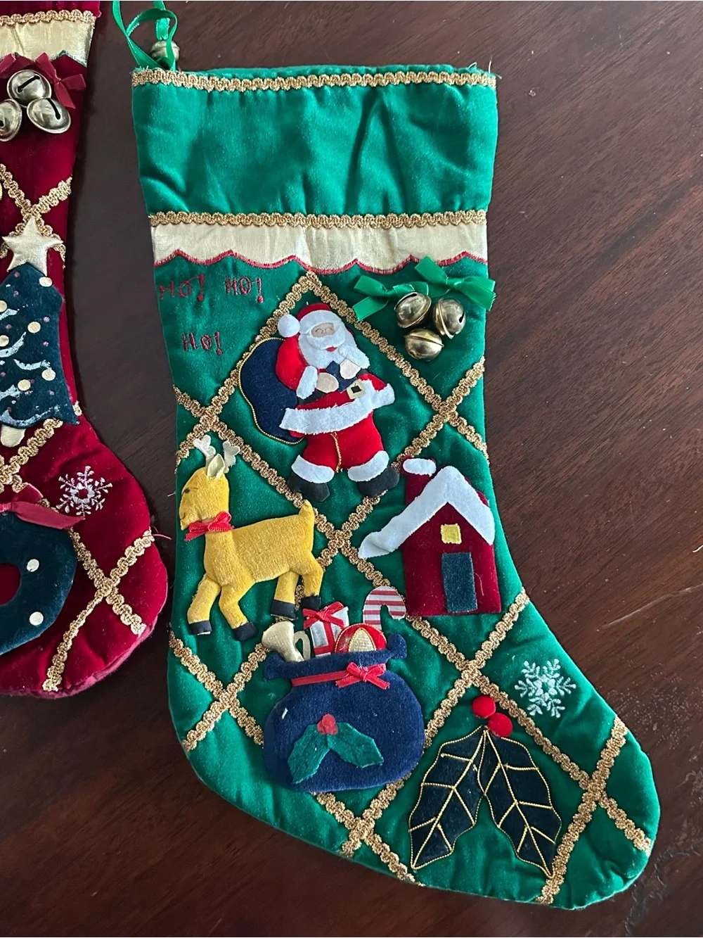 World Bazaar Velvet Christmas Stocking Gold Braid 3D Applique Kitsch Pair  READ